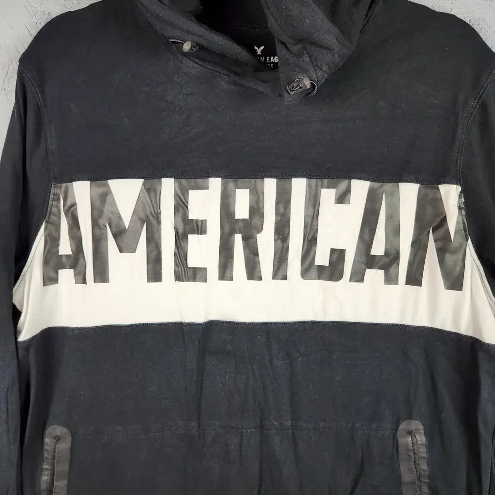 American Eagle Hoodie Mens Medium Black Active Flex Lightweight Sweatshirt Logo